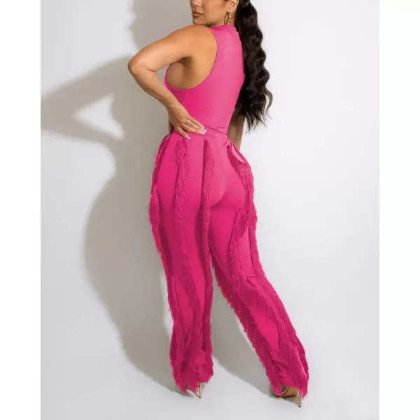 IyMoo Two Piece Outfits for Women Long Sleeve Sleeveless Tank Tops Fringe Tassel Shorts Long Pants Set Clubwear S3XLA1 Rose Pink