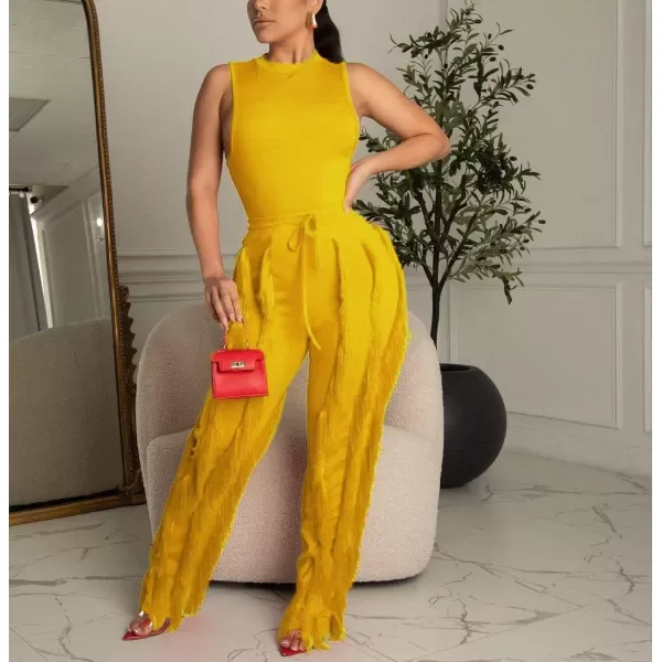 IyMoo Two Piece Outfits for Women Long Sleeve Sleeveless Tank Tops Fringe Tassel Shorts Long Pants Set Clubwear S3XLA1 Yellow
