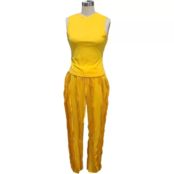 IyMoo Two Piece Outfits for Women Long Sleeve Sleeveless Tank Tops Fringe Tassel Shorts Long Pants Set Clubwear S3XLA1 Yellow