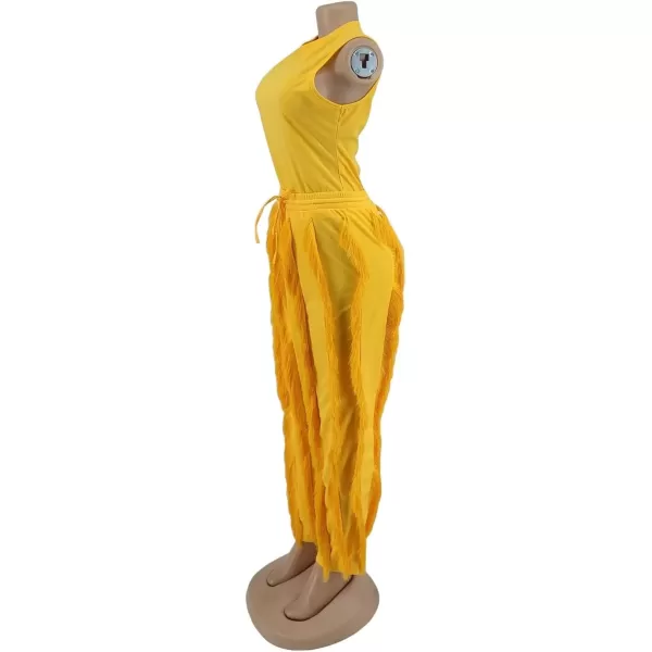 IyMoo Two Piece Outfits for Women Long Sleeve Sleeveless Tank Tops Fringe Tassel Shorts Long Pants Set Clubwear S3XLA1 Yellow