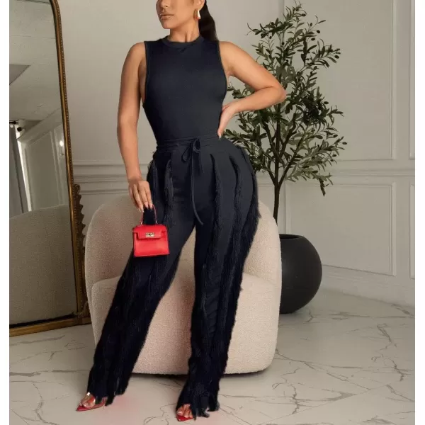 IyMoo Two Piece Outfits for Women Long Sleeve Sleeveless Tank Tops Fringe Tassel Shorts Long Pants Set Clubwear S3XLA11 Black