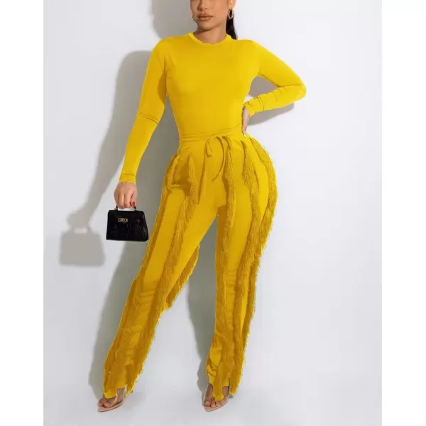 IyMoo Two Piece Outfits for Women Long Sleeve Sleeveless Tank Tops Fringe Tassel Shorts Long Pants Set Clubwear S3XLA2jumperpants Yellow