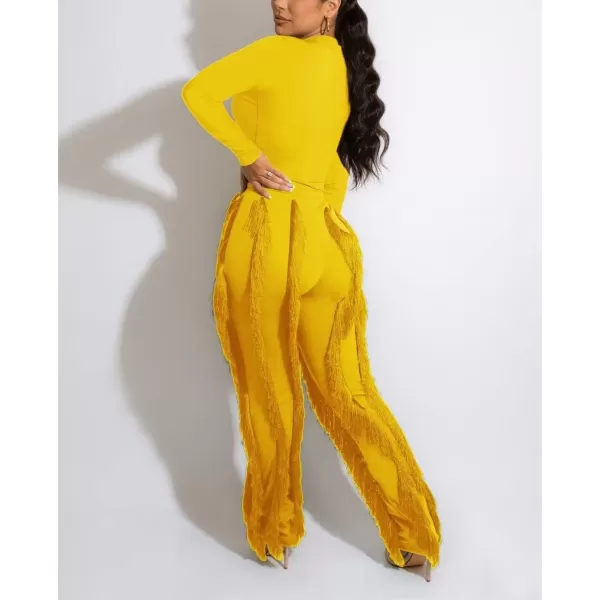 IyMoo Two Piece Outfits for Women Long Sleeve Sleeveless Tank Tops Fringe Tassel Shorts Long Pants Set Clubwear S3XLA2jumperpants Yellow