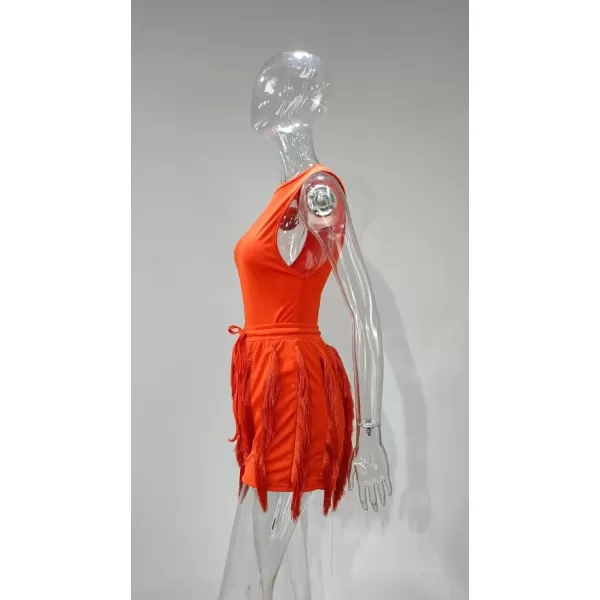 IyMoo Two Piece Outfits for Women Long Sleeve Sleeveless Tank Tops Fringe Tassel Shorts Long Pants Set Clubwear S3XLA3 Orange