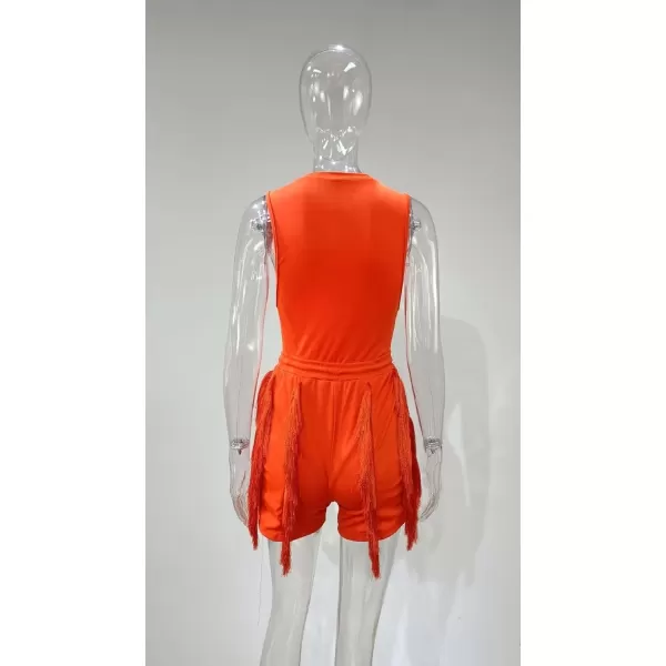 IyMoo Two Piece Outfits for Women Long Sleeve Sleeveless Tank Tops Fringe Tassel Shorts Long Pants Set Clubwear S3XLA3 Orange