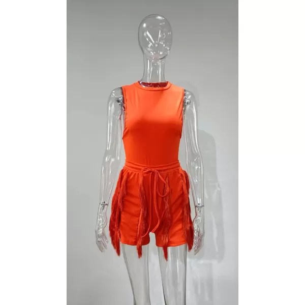 IyMoo Two Piece Outfits for Women Long Sleeve Sleeveless Tank Tops Fringe Tassel Shorts Long Pants Set Clubwear S3XLA3 Orange