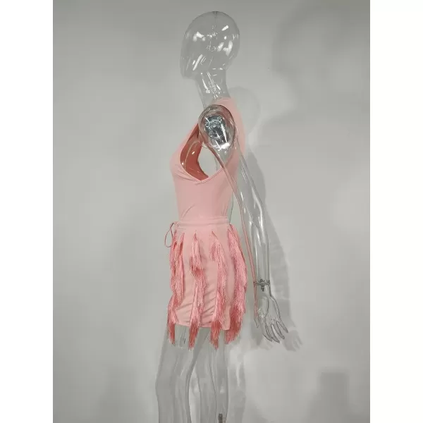 IyMoo Two Piece Outfits for Women Long Sleeve Sleeveless Tank Tops Fringe Tassel Shorts Long Pants Set Clubwear S3XLA3 Pink