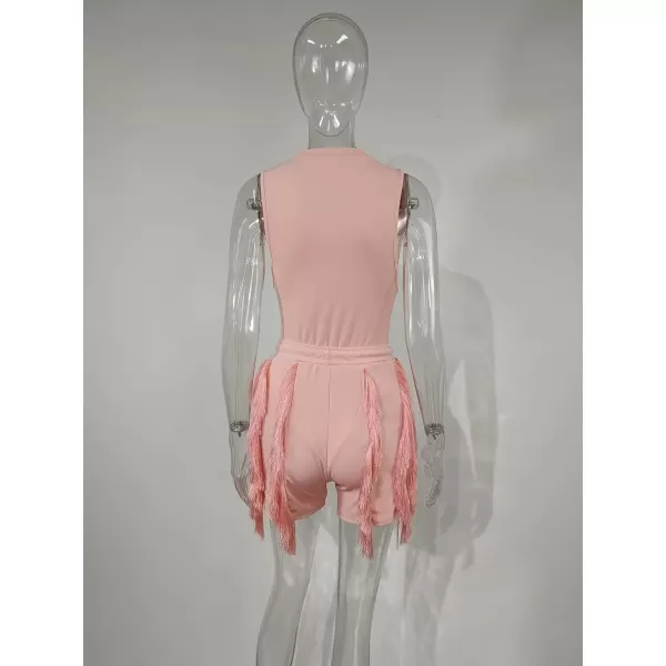 IyMoo Two Piece Outfits for Women Long Sleeve Sleeveless Tank Tops Fringe Tassel Shorts Long Pants Set Clubwear S3XLA3 Pink
