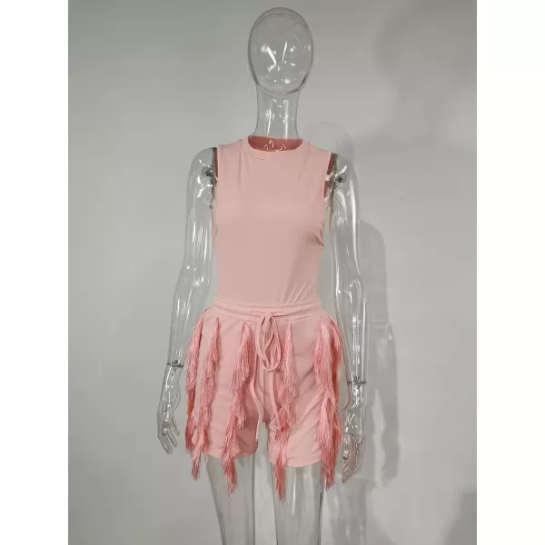 IyMoo Two Piece Outfits for Women Long Sleeve Sleeveless Tank Tops Fringe Tassel Shorts Long Pants Set Clubwear S3XLA3 Pink