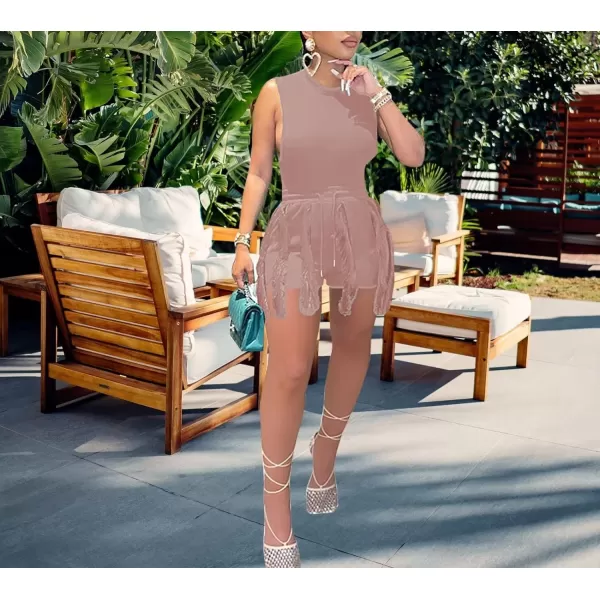 IyMoo Two Piece Outfits for Women Long Sleeve Sleeveless Tank Tops Fringe Tassel Shorts Long Pants Set Clubwear S3XLA3 Pink