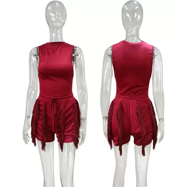 IyMoo Two Piece Outfits for Women Long Sleeve Sleeveless Tank Tops Fringe Tassel Shorts Long Pants Set Clubwear S3XLA3 Wine Red
