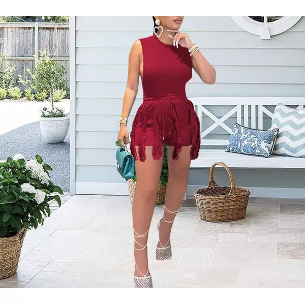 IyMoo Two Piece Outfits for Women Long Sleeve Sleeveless Tank Tops Fringe Tassel Shorts Long Pants Set Clubwear S3XLA3 Wine Red