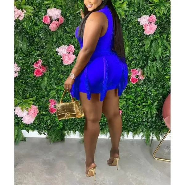 IyMoo Two Piece Outfits for Women Long Sleeve Sleeveless Tank Tops Fringe Tassel Shorts Long Pants Set Clubwear S3XLA32 Blue