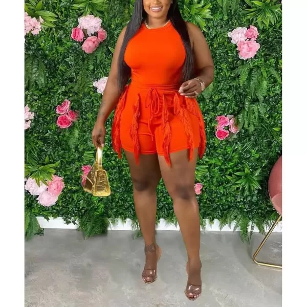 IyMoo Two Piece Outfits for Women Long Sleeve Sleeveless Tank Tops Fringe Tassel Shorts Long Pants Set Clubwear S3XLA32 Orange