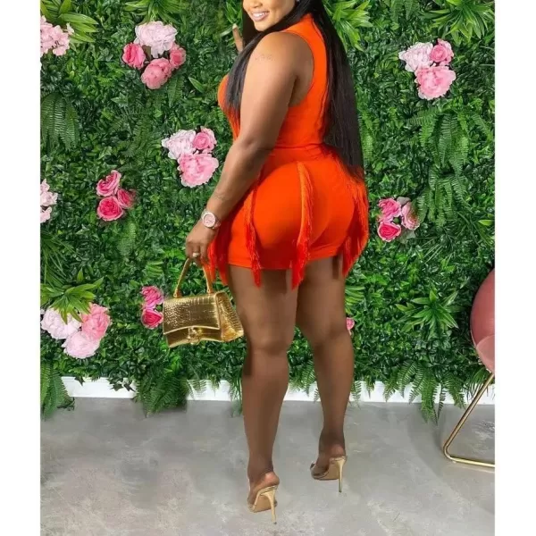 IyMoo Two Piece Outfits for Women Long Sleeve Sleeveless Tank Tops Fringe Tassel Shorts Long Pants Set Clubwear S3XLA32 Orange