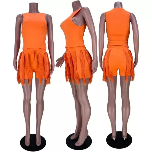 IyMoo Two Piece Outfits for Women Long Sleeve Sleeveless Tank Tops Fringe Tassel Shorts Long Pants Set Clubwear S3XLA32 Orange
