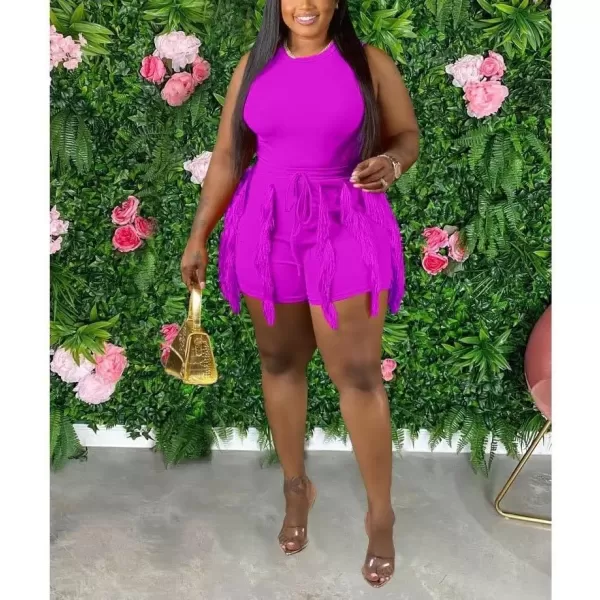IyMoo Two Piece Outfits for Women Long Sleeve Sleeveless Tank Tops Fringe Tassel Shorts Long Pants Set Clubwear S3XLA32 Purple