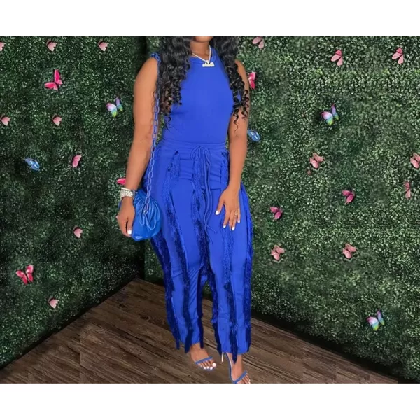IyMoo Two Piece Outfits for Women Long Sleeve Sleeveless Tank Tops Fringe Tassel Shorts Long Pants Set Clubwear S3XLA4 Darkblue