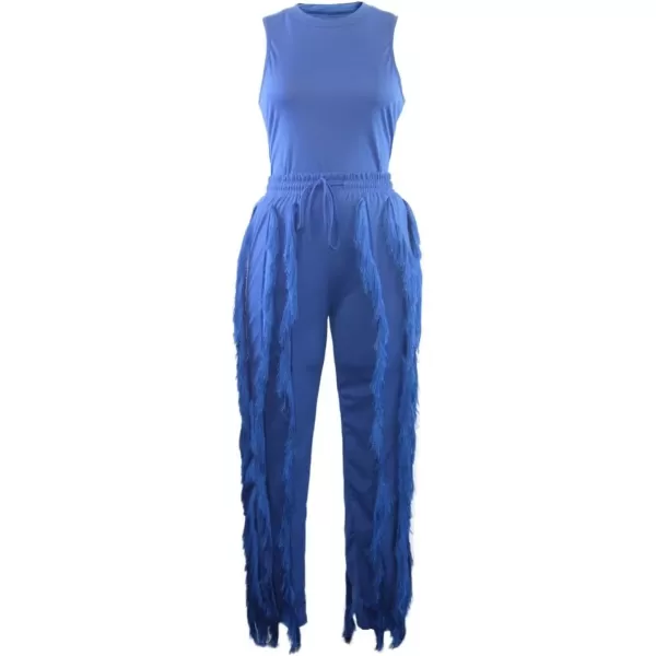 IyMoo Two Piece Outfits for Women Long Sleeve Sleeveless Tank Tops Fringe Tassel Shorts Long Pants Set Clubwear S3XLA4 Darkblue