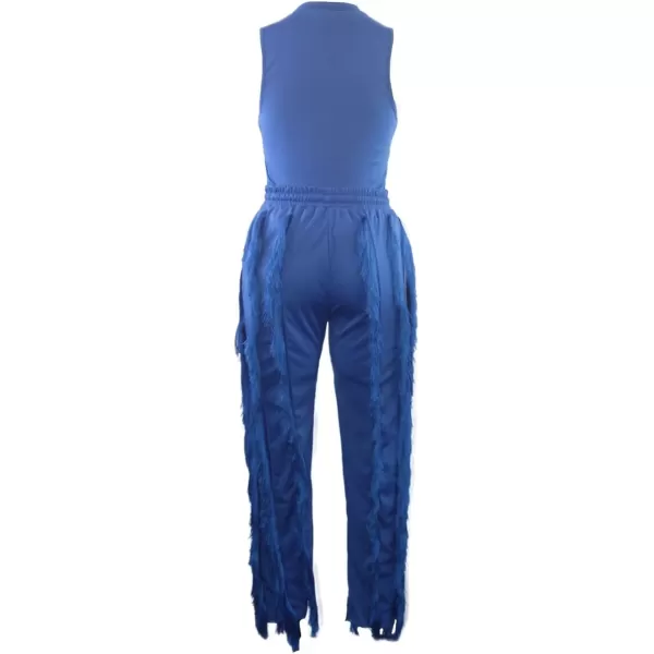 IyMoo Two Piece Outfits for Women Long Sleeve Sleeveless Tank Tops Fringe Tassel Shorts Long Pants Set Clubwear S3XLA4 Darkblue