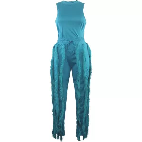 IyMoo Two Piece Outfits for Women Long Sleeve Sleeveless Tank Tops Fringe Tassel Shorts Long Pants Set Clubwear S3XLA4 Lightblue
