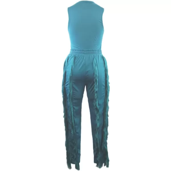 IyMoo Two Piece Outfits for Women Long Sleeve Sleeveless Tank Tops Fringe Tassel Shorts Long Pants Set Clubwear S3XLA4 Lightblue
