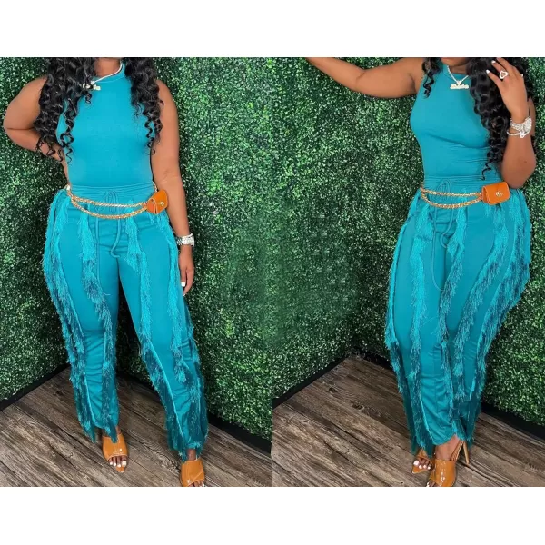 IyMoo Two Piece Outfits for Women Long Sleeve Sleeveless Tank Tops Fringe Tassel Shorts Long Pants Set Clubwear S3XLA4 Lightblue