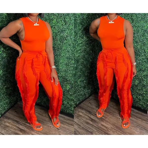 IyMoo Two Piece Outfits for Women Long Sleeve Sleeveless Tank Tops Fringe Tassel Shorts Long Pants Set Clubwear S3XLA4 Orange