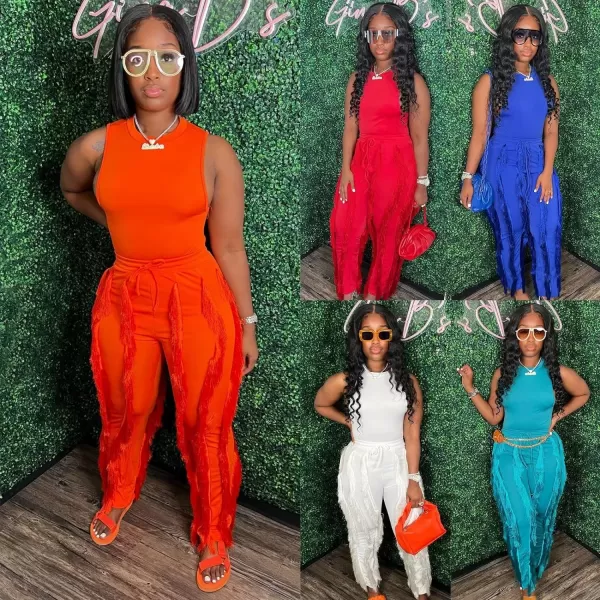 IyMoo Two Piece Outfits for Women Long Sleeve Sleeveless Tank Tops Fringe Tassel Shorts Long Pants Set Clubwear S3XLA4 Red