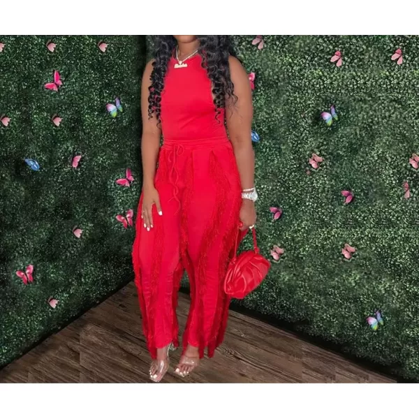 IyMoo Two Piece Outfits for Women Long Sleeve Sleeveless Tank Tops Fringe Tassel Shorts Long Pants Set Clubwear S3XLA4 Red