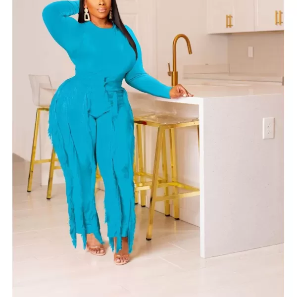 IyMoo Two Piece Outfits for Women Long Sleeve Sleeveless Tank Tops Fringe Tassel Shorts Long Pants Set Clubwear S3XLA5 Lightblue