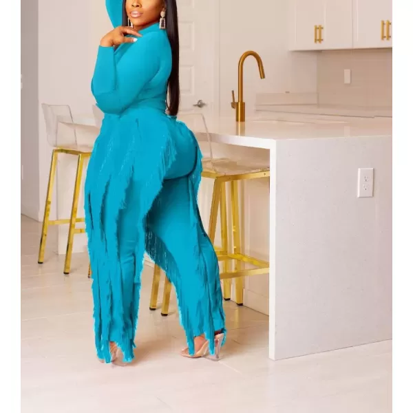 IyMoo Two Piece Outfits for Women Long Sleeve Sleeveless Tank Tops Fringe Tassel Shorts Long Pants Set Clubwear S3XLA5 Lightblue
