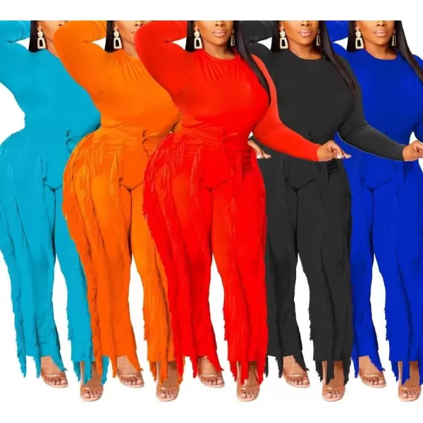 IyMoo Two Piece Outfits for Women Long Sleeve Sleeveless Tank Tops Fringe Tassel Shorts Long Pants Set Clubwear S3XLA5 Red