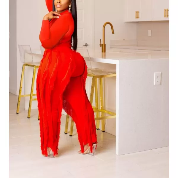 IyMoo Two Piece Outfits for Women Long Sleeve Sleeveless Tank Tops Fringe Tassel Shorts Long Pants Set Clubwear S3XLA5 Red