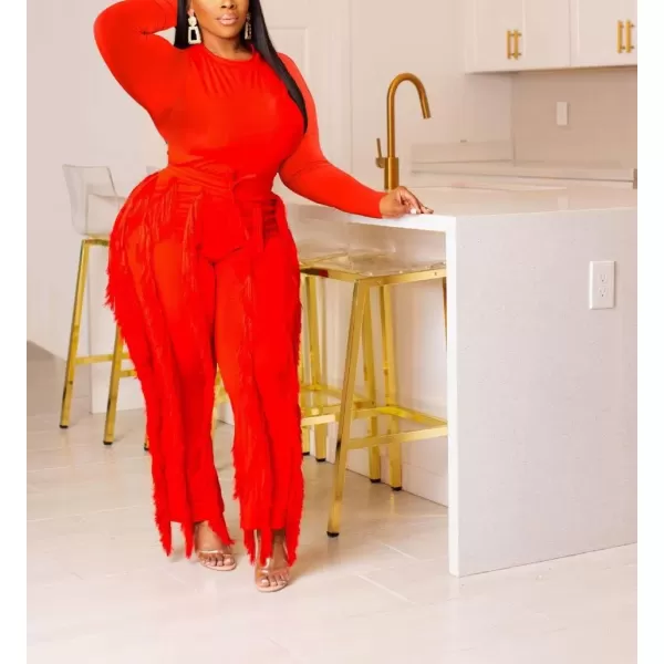 IyMoo Two Piece Outfits for Women Long Sleeve Sleeveless Tank Tops Fringe Tassel Shorts Long Pants Set Clubwear S3XLA5 Red