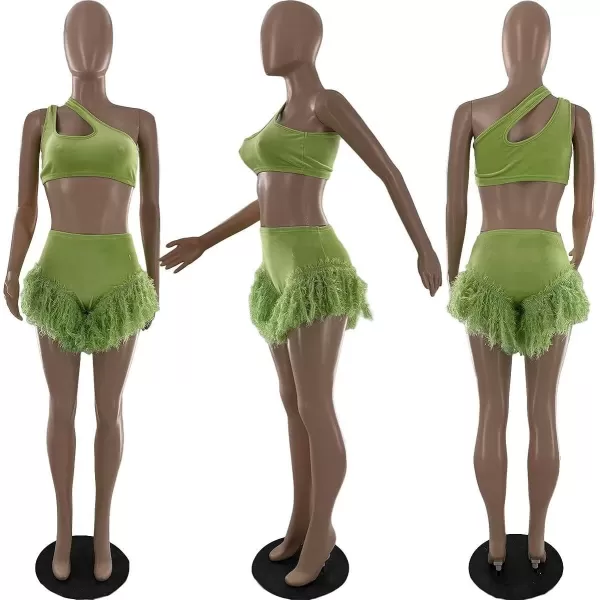 IyMoo Two Piece Outfits for Women One Shoulder Sleeveless Cutout Feather Ruffle Tank Tops Shorts Set Clubwear S2XLA1 Green