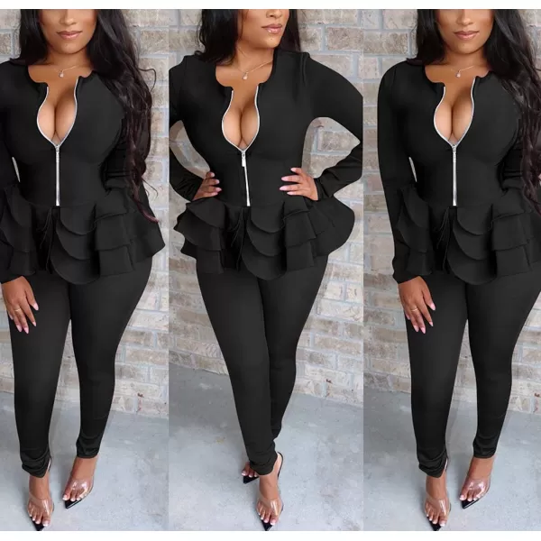 IyMoo Two Piece Outfits for Women Sexy Long Sleeve V Neck Peplum Pullover Tops Bodycon Long Pants Sets Tracksuit3black