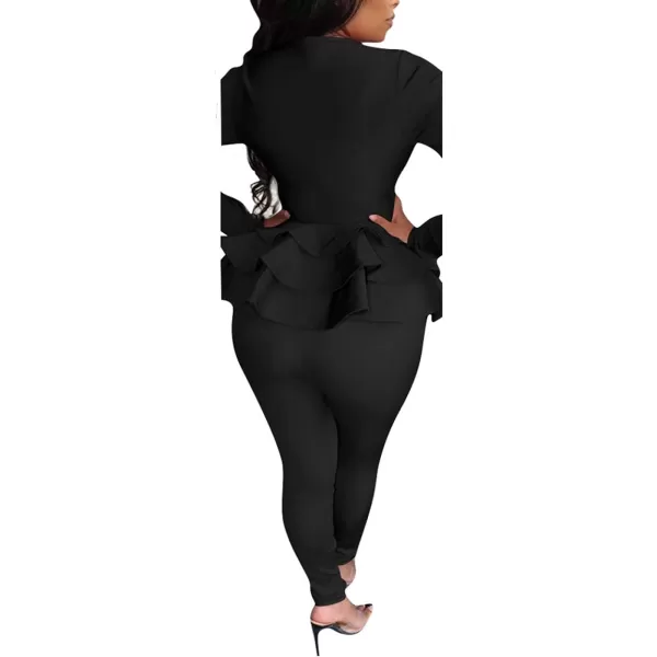 IyMoo Two Piece Outfits for Women Sexy Long Sleeve V Neck Peplum Pullover Tops Bodycon Long Pants Sets Tracksuit3black
