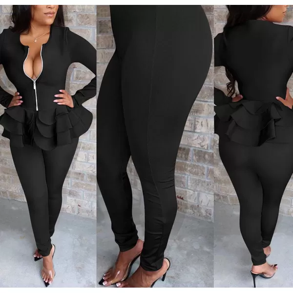 IyMoo Two Piece Outfits for Women Sexy Long Sleeve V Neck Peplum Pullover Tops Bodycon Long Pants Sets Tracksuit3black