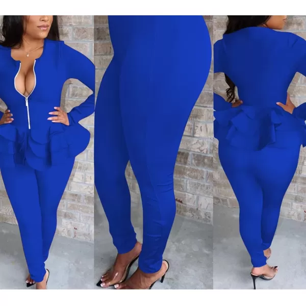 IyMoo Two Piece Outfits for Women Sexy Long Sleeve V Neck Peplum Pullover Tops Bodycon Long Pants Sets Tracksuit3blue