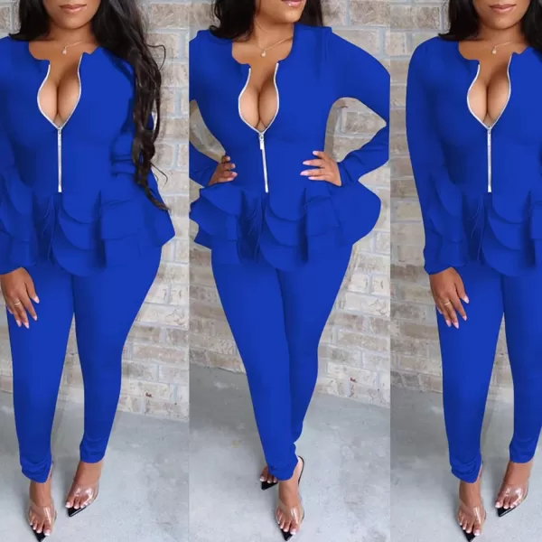 IyMoo Two Piece Outfits for Women Sexy Long Sleeve V Neck Peplum Pullover Tops Bodycon Long Pants Sets Tracksuit3blue