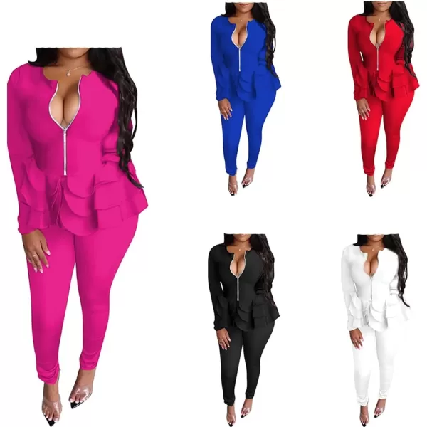IyMoo Two Piece Outfits for Women Sexy Long Sleeve V Neck Peplum Pullover Tops Bodycon Long Pants Sets Tracksuit3blue