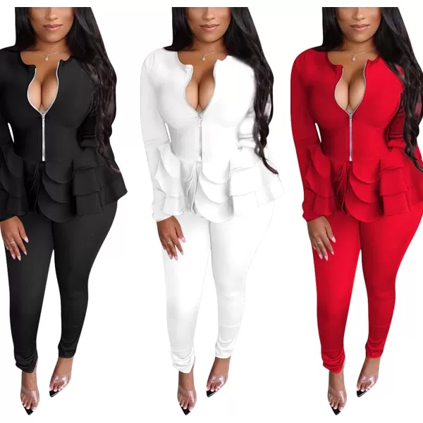 IyMoo Two Piece Outfits for Women Sexy Long Sleeve V Neck Peplum Pullover Tops Bodycon Long Pants Sets Tracksuit3red