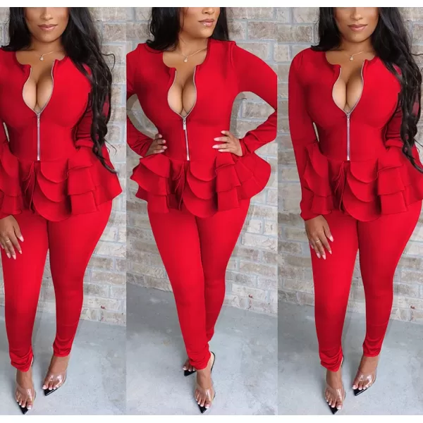 IyMoo Two Piece Outfits for Women Sexy Long Sleeve V Neck Peplum Pullover Tops Bodycon Long Pants Sets Tracksuit3red