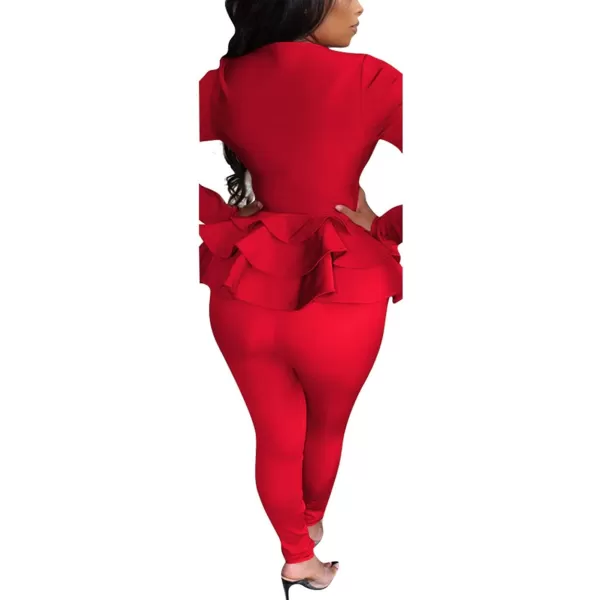 IyMoo Two Piece Outfits for Women Sexy Long Sleeve V Neck Peplum Pullover Tops Bodycon Long Pants Sets Tracksuit3red