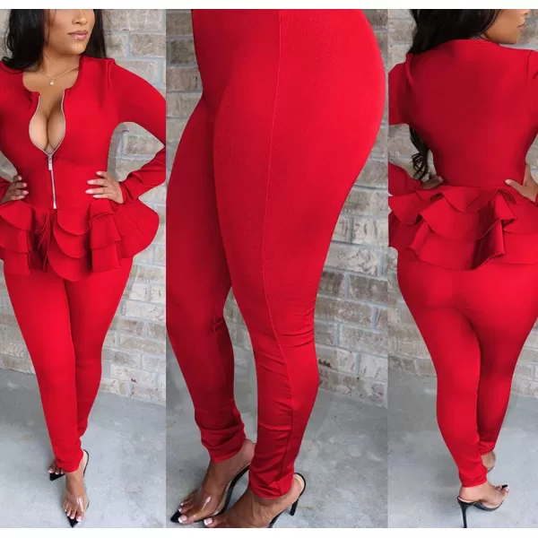 IyMoo Two Piece Outfits for Women Sexy Long Sleeve V Neck Peplum Pullover Tops Bodycon Long Pants Sets Tracksuit3red