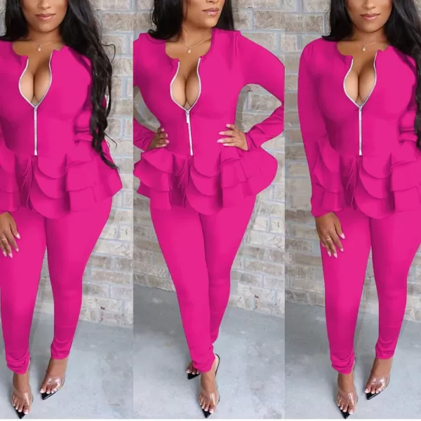 IyMoo Two Piece Outfits for Women Sexy Long Sleeve V Neck Peplum Pullover Tops Bodycon Long Pants Sets Tracksuit3rose Red