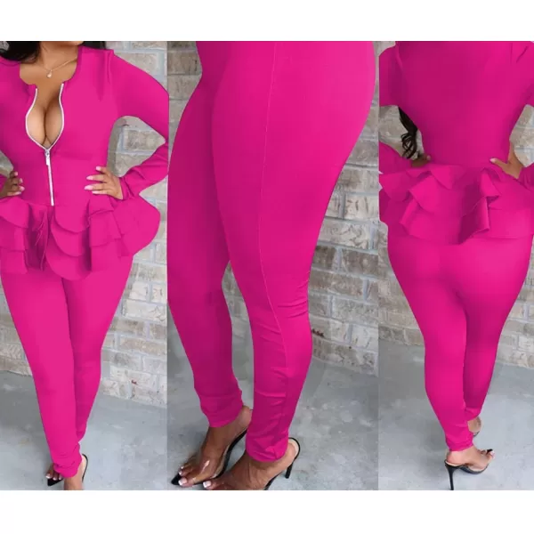 IyMoo Two Piece Outfits for Women Sexy Long Sleeve V Neck Peplum Pullover Tops Bodycon Long Pants Sets Tracksuit3rose Red