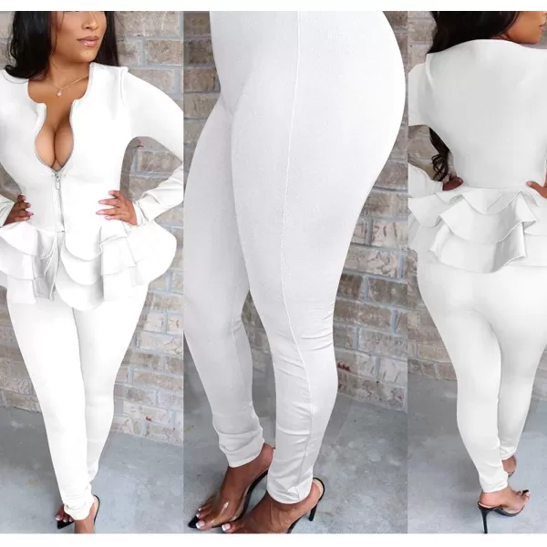 IyMoo Two Piece Outfits for Women Sexy Long Sleeve V Neck Peplum Pullover Tops Bodycon Long Pants Sets Tracksuit3white