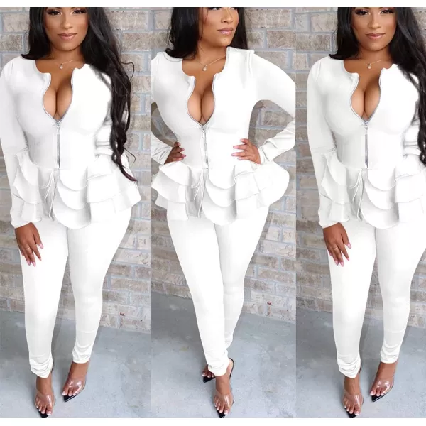 IyMoo Two Piece Outfits for Women Sexy Long Sleeve V Neck Peplum Pullover Tops Bodycon Long Pants Sets Tracksuit3white